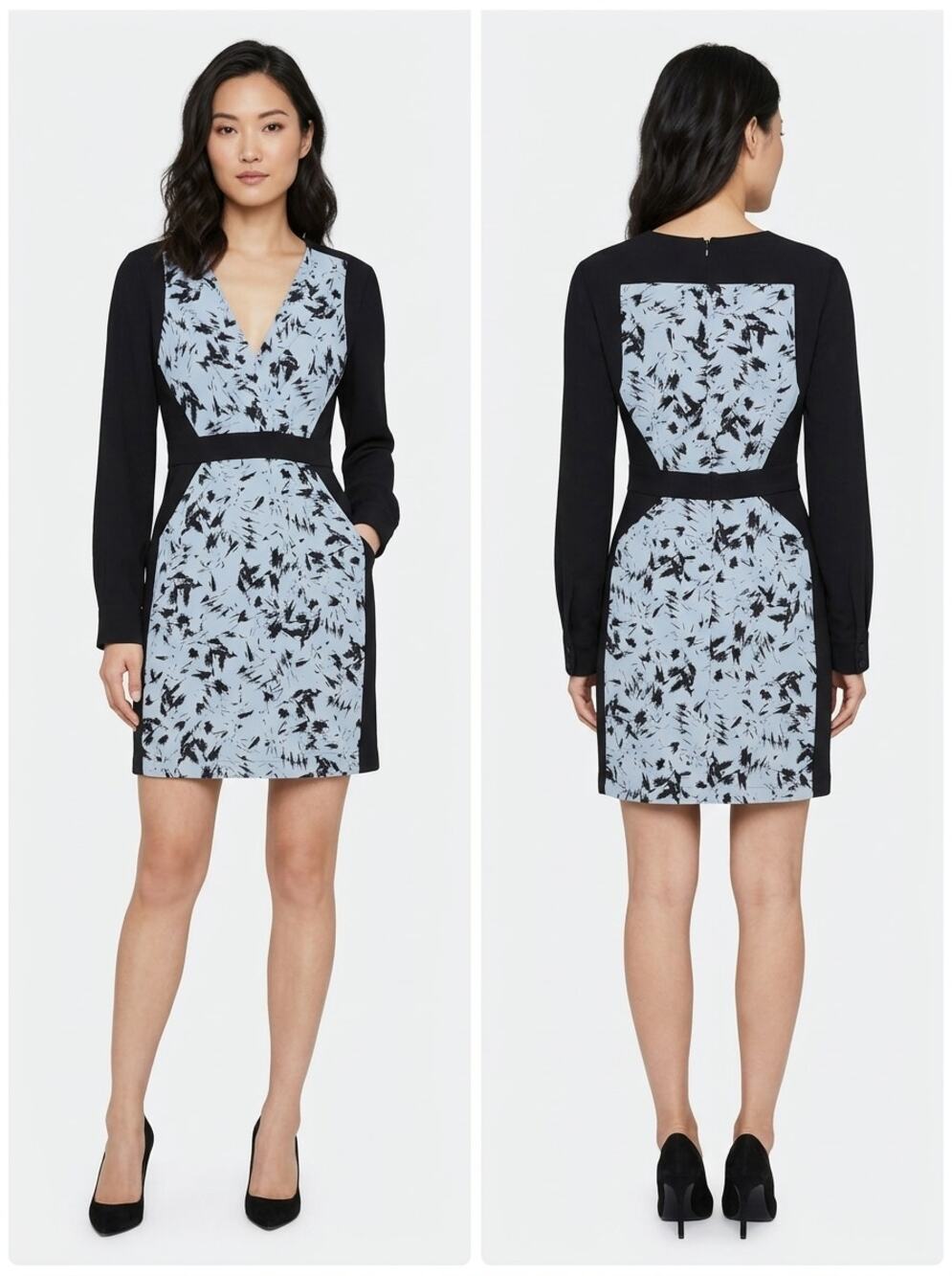Bcbgmaxazria Black Blue Floral V-Neck Long Sleeve Sheath Dress Women Size 0